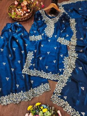 Women embroidered blue kurta with palazzo & dupatta set 4