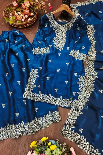 Women embroidered blue kurta with palazzo & dupatta set