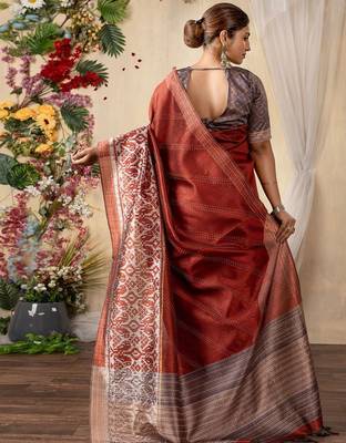 rust kantha work silk cotton tussar saree 4