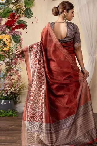 rust kantha work silk cotton tussar saree