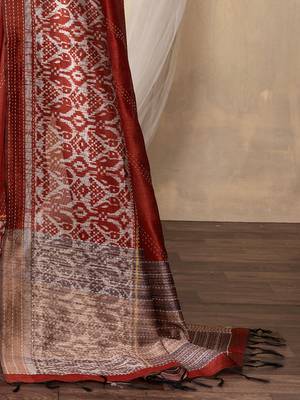 rust kantha work silk cotton tussar saree 5