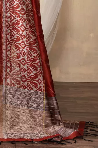 rust kantha work silk cotton tussar saree