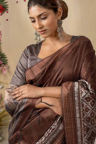 brown kantha work silk cotton tussar saree
