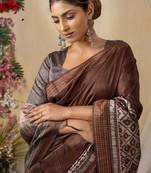 brown kantha work silk cotton tussar saree