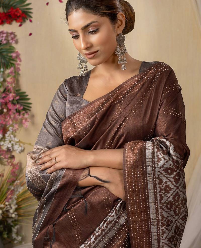 brown kantha work silk cotton tussar saree
