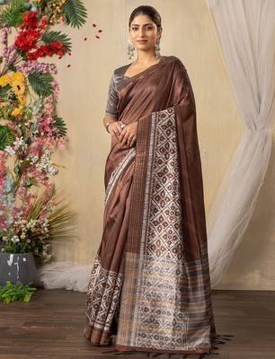 brown kantha work silk cotton tussar saree 2
