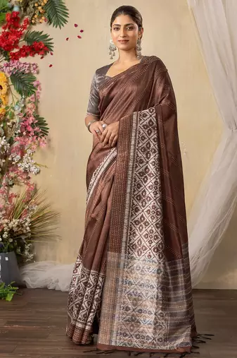 brown kantha work silk cotton tussar saree