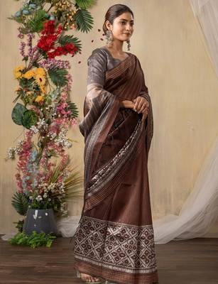 brown kantha work silk cotton tussar saree 3