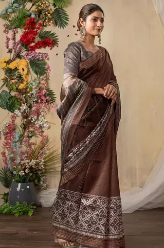 brown kantha work silk cotton tussar saree