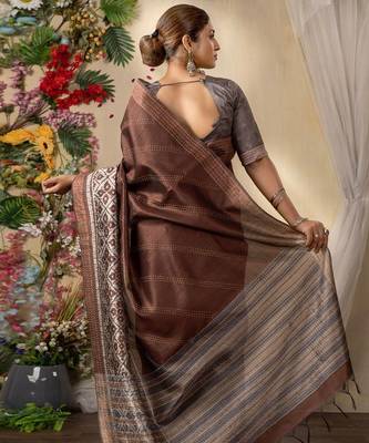 brown kantha work silk cotton tussar saree 4