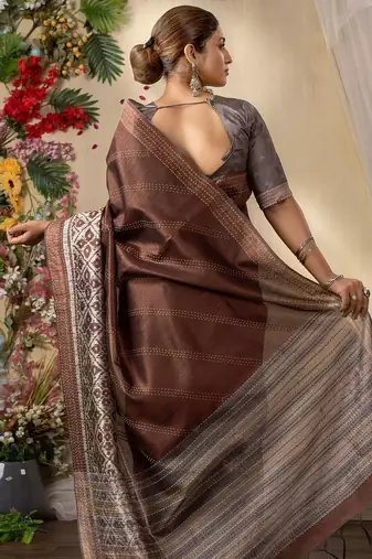 brown kantha work silk cotton tussar saree