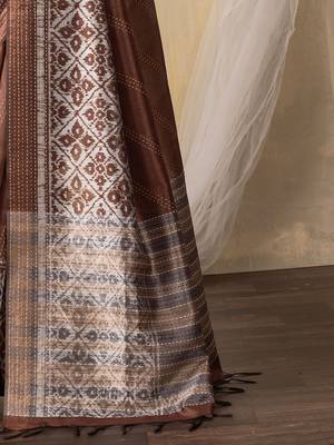 brown kantha work silk cotton tussar saree 5