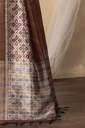 brown kantha work silk cotton tussar saree