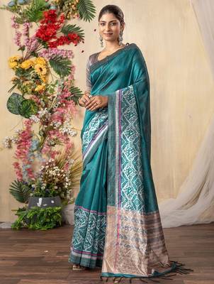 teal kantha work silk cotton tussar saree 1