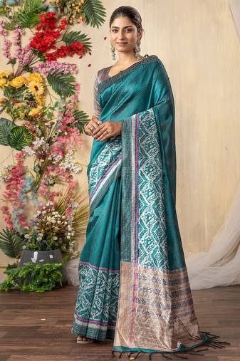 teal kantha work silk cotton tussar saree