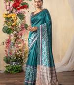 teal kantha work silk cotton tussar saree