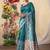 teal kantha work silk cotton tussar saree