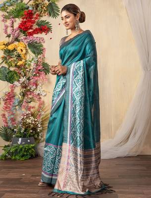 teal kantha work silk cotton tussar saree 2