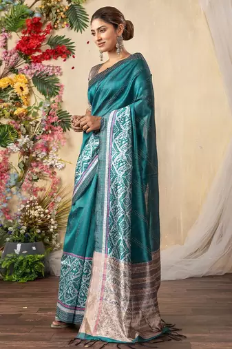 teal kantha work silk cotton tussar saree
