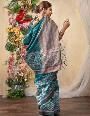 teal kantha work silk cotton tussar saree 3