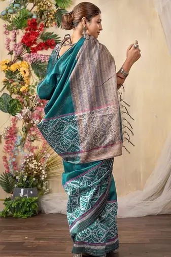 teal kantha work silk cotton tussar saree