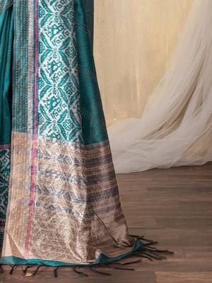 teal kantha work silk cotton tussar saree 4