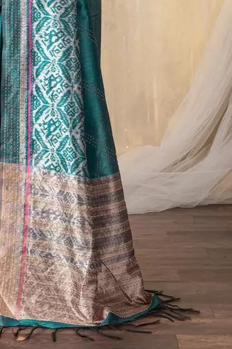 teal kantha work silk cotton tussar saree