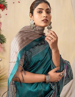 teal kantha work silk cotton tussar saree 5