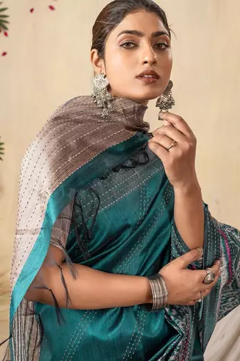 teal kantha work silk cotton tussar saree