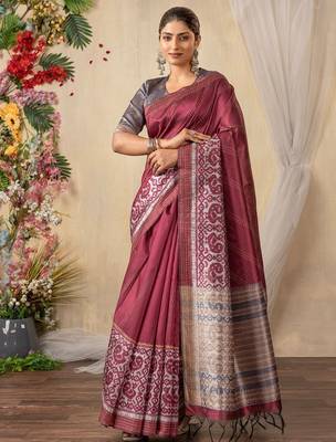 burgundy ethnic motifs kantha work silk cotton designer tussar saree 1