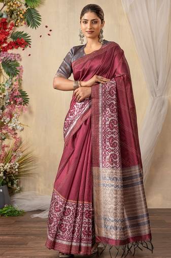 burgundy ethnic motifs kantha work silk cotton designer tussar saree