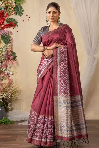 burgundy ethnic motifs kantha work silk cotton designer tussar saree