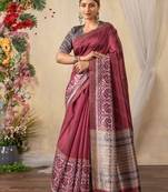burgundy ethnic motifs kantha work silk cotton designer tussar saree
