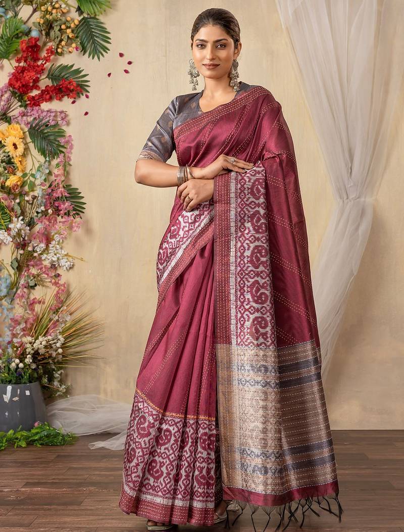 burgundy ethnic motifs kantha work silk cotton designer tussar saree