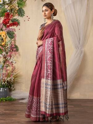burgundy ethnic motifs kantha work silk cotton designer tussar saree 2