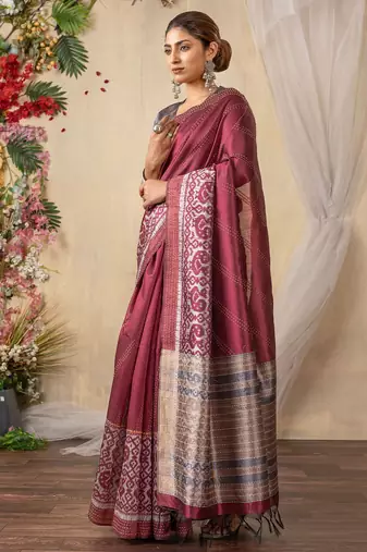 burgundy ethnic motifs kantha work silk cotton designer tussar saree