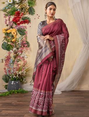 burgundy ethnic motifs kantha work silk cotton designer tussar saree 3