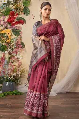 burgundy ethnic motifs kantha work silk cotton designer tussar saree