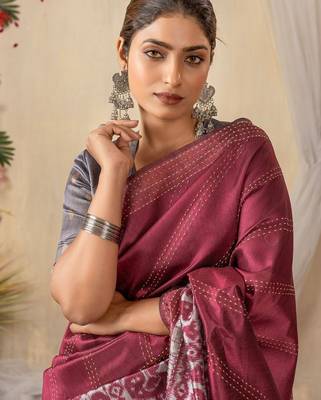 burgundy ethnic motifs kantha work silk cotton designer tussar saree 4