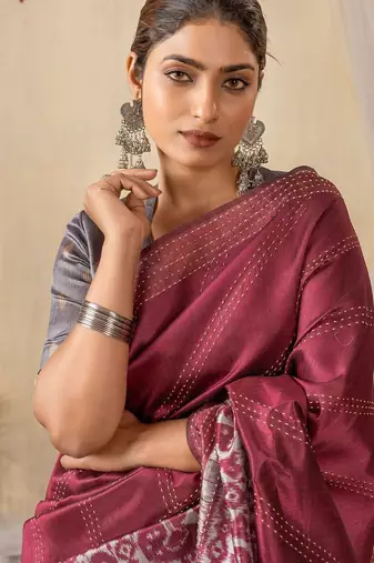 burgundy ethnic motifs kantha work silk cotton designer tussar saree