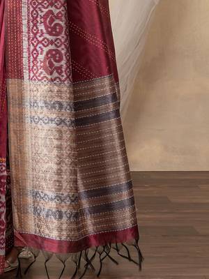 burgundy ethnic motifs kantha work silk cotton designer tussar saree 5