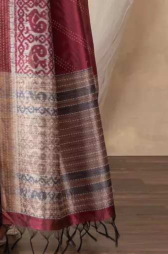 burgundy ethnic motifs kantha work silk cotton designer tussar saree