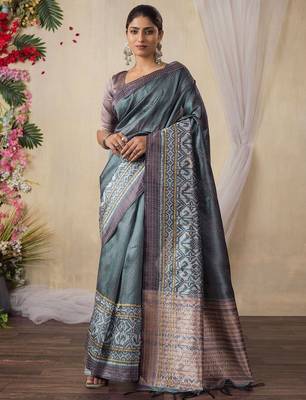 grey kantha work silk cotton tussar saree 1