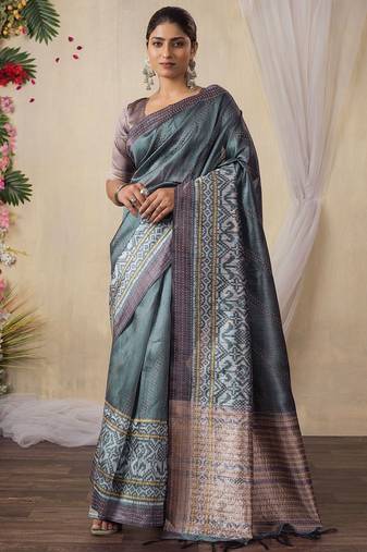 grey kantha work silk cotton tussar saree