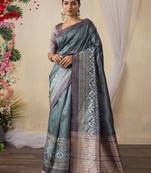 grey kantha work silk cotton tussar saree