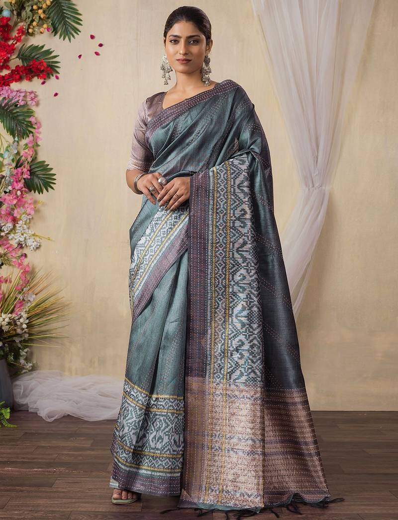 grey kantha work silk cotton tussar saree