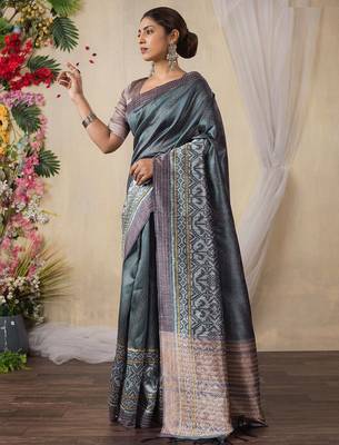 grey kantha work silk cotton tussar saree 2