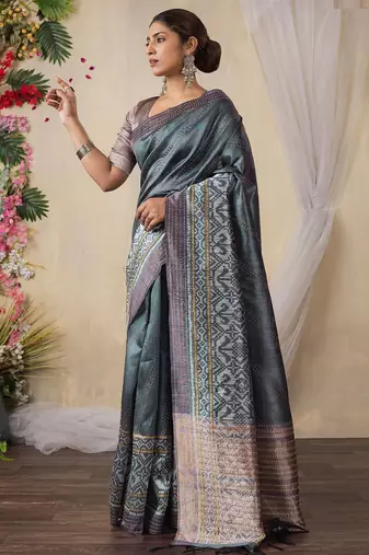 grey kantha work silk cotton tussar saree
