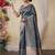 grey kantha work silk cotton tussar saree