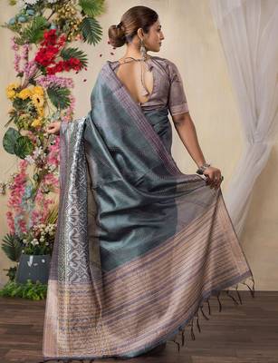 grey kantha work silk cotton tussar saree 3